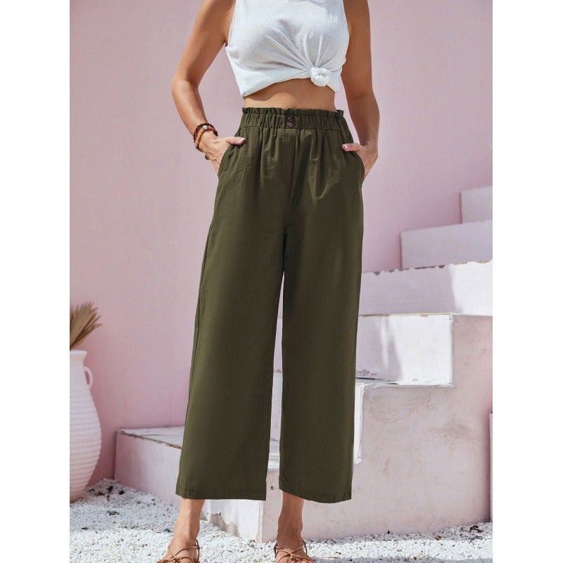 2023 Amazon new European and American cross-border womens pants high waist lotus leaf elastic waist simply cotton and linen cropped pants casual pants Gray - Image 5