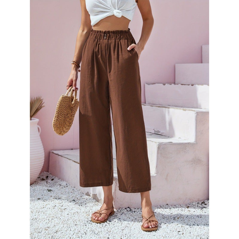 2023 Amazon new European and American cross-border womens pants high waist lotus leaf elastic waist simply cotton and linen cropped pants casual pants Gray - Image 4