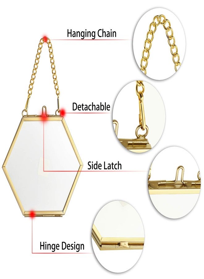 JUXYES 4 Pack Hexagon Mini Wall Hanging Brass Frames for Pressed Flowers, Double Glass Hanging Picture Artwork Display Frame, Gold Floating Style Gallery Wall Frame for Picture, Poster, etc - Image 3