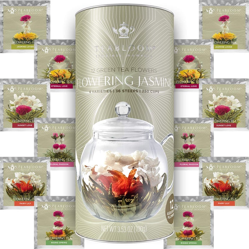 Teabloom Jasmine Flowering Tea â€“ Hand Tied Green Tea Leaves + Jasmine Blossoms Flowering Tea Creations â€“ Blooming Tea Gift Set â€“ 12-Pack, 36 Steeps, Makes 250 Cups - Image 1