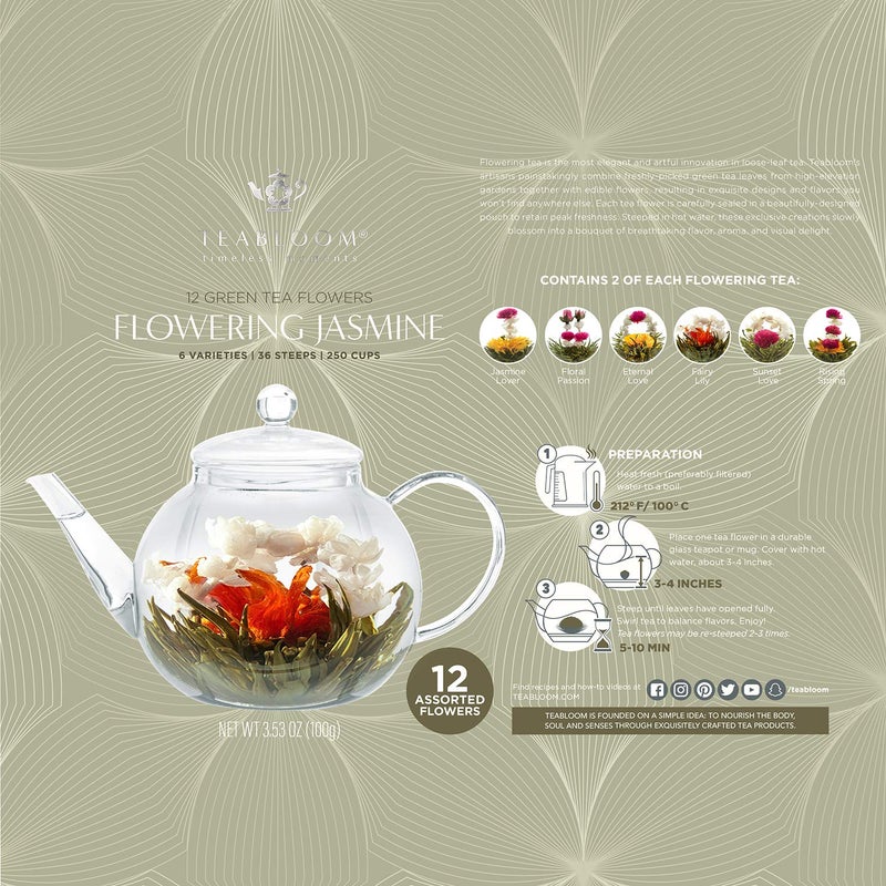 Teabloom Jasmine Flowering Tea â€“ Hand Tied Green Tea Leaves + Jasmine Blossoms Flowering Tea Creations â€“ Blooming Tea Gift Set â€“ 12-Pack, 36 Steeps, Makes 250 Cups - Image 3
