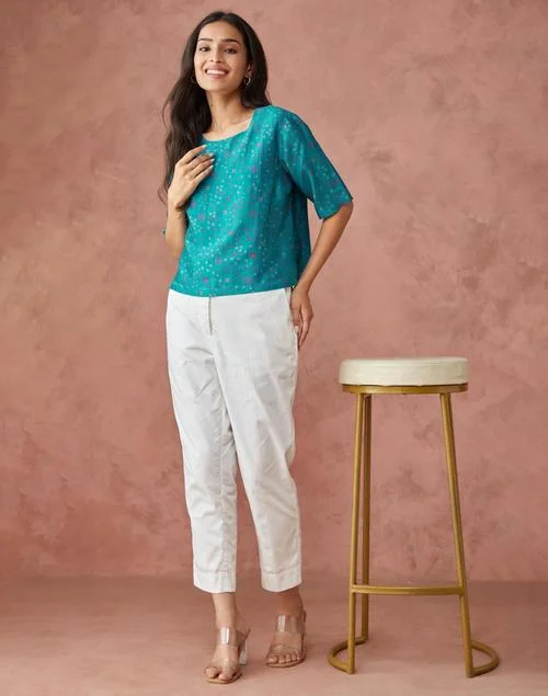فاب انديا Blue Cotton Silk Woven Short Top