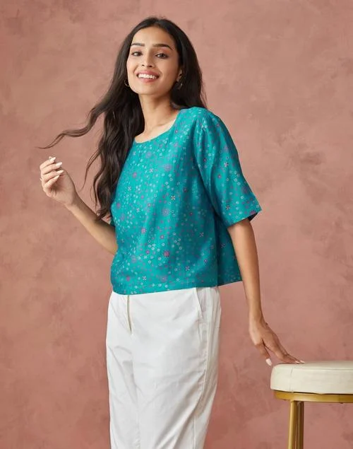 فاب انديا Blue Cotton Silk Woven Short Top