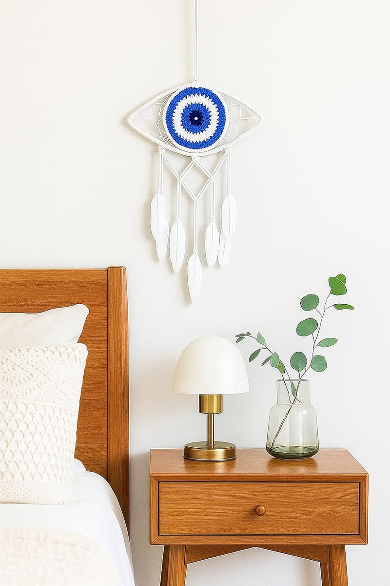 ThincAmaxe Handmade Evil Eye Dream Catcher Wall Hanging – Macrame Boho Home Decor with Feathers | Protection & Positive Energy Wall Art for Bedroom, Living Room, Office | (Small Blue & White) - Image 2