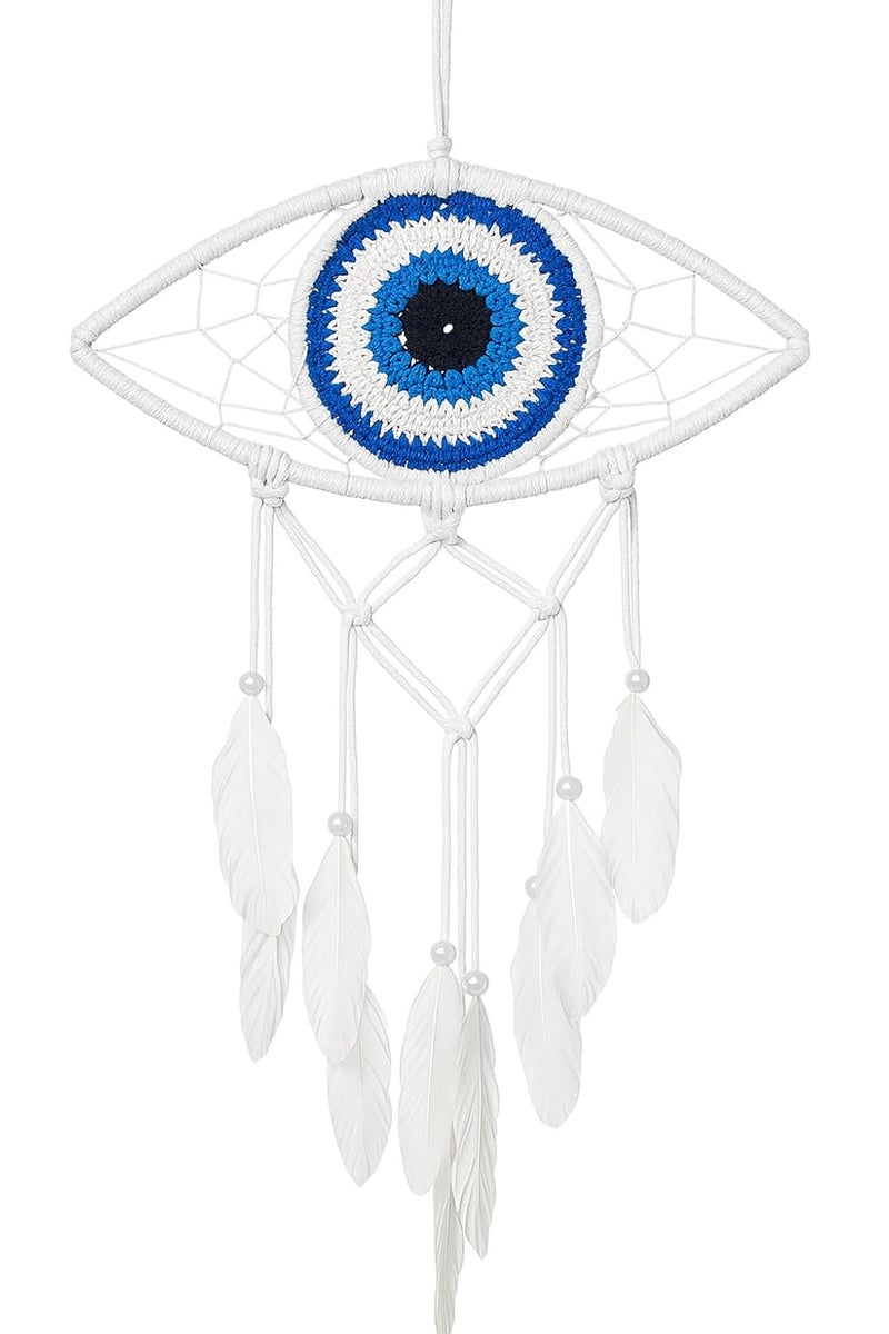 ThincAmaxe Handmade Evil Eye Dream Catcher Wall Hanging – Macrame Boho Home Decor with Feathers | Protection & Positive Energy Wall Art for Bedroom, Living Room, Office | (Small Blue & White) - Image 3