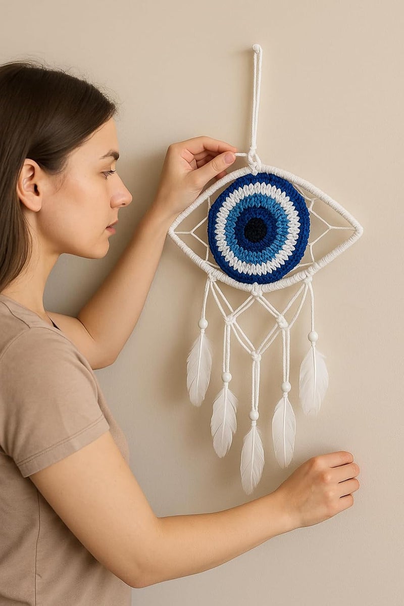 ThincAmaxe Handmade Evil Eye Dream Catcher Wall Hanging – Macrame Boho Home Decor with Feathers | Protection & Positive Energy Wall Art for Bedroom, Living Room, Office | (Small Blue & White) - Image 5