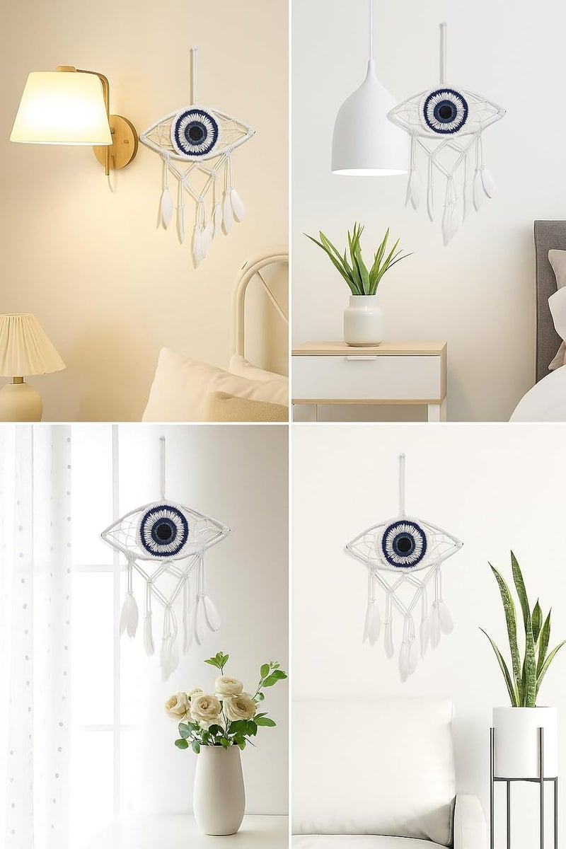ThincAmaxe Handmade Evil Eye Dream Catcher Wall Hanging – Macrame Boho Home Decor with Feathers | Protection & Positive Energy Wall Art for Bedroom, Living Room, Office | (Small Blue & White) - Image 4