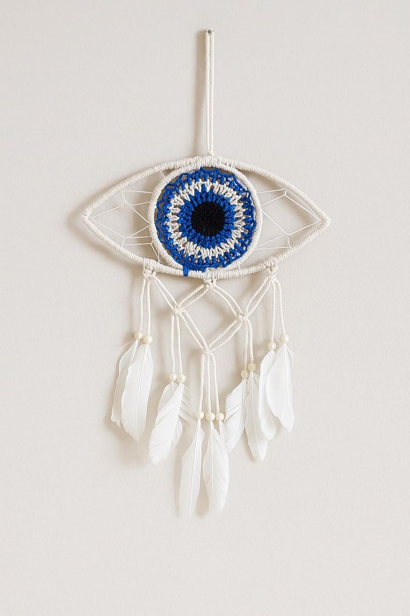 ThincAmaxe Handmade Evil Eye Dream Catcher Wall Hanging – Macrame Boho Home Decor with Feathers | Protection & Positive Energy Wall Art for Bedroom, Living Room, Office | (Small Blue & White) - Image 1