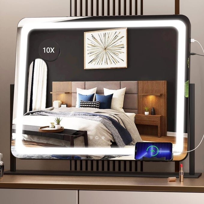 VANITY MIRROR WITH LIGHTS 242 X 189 LED MAKE UP MIRROR LIGHT UP MIRROR WITH 10X MAGNIFICATION AND USB CHARGING PORT PHONE HOLDER SMART TOUCH 3 COLORS DIMMABLE 360 ROTATION BLACK