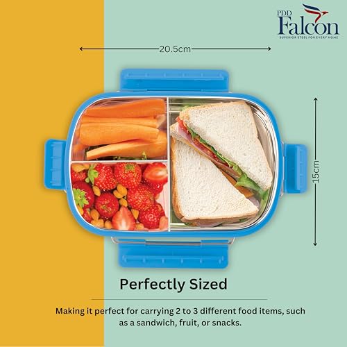 PDDFALCON Stainless Steel Munch Trio Lunch Box with 3 Compartment, 100% Leak-Proof, BIS Certified, Jindal Seal & Made in India Bento Box - 750ml (Turkish Blue) (Not Leakproof Internally) - Image 3