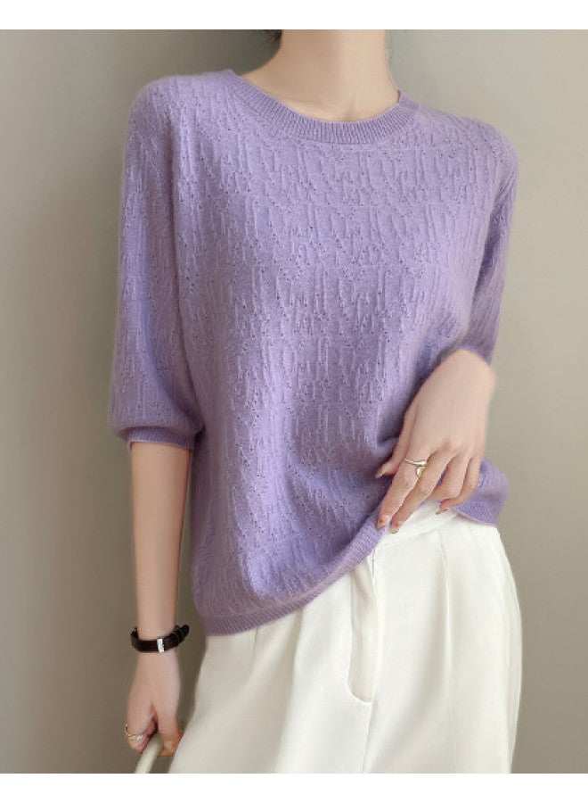 MIIOW Round Neck Short Sleeve Irregular Jacquard Hollow Knitted Sweater For Women, Slimming And Versatile Top For Commuting And Daily Wear - Image 1