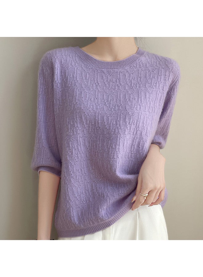 MIIOW Round Neck Short Sleeve Irregular Jacquard Hollow Knitted Sweater For Women, Slimming And Versatile Top For Commuting And Daily Wear - Image 2