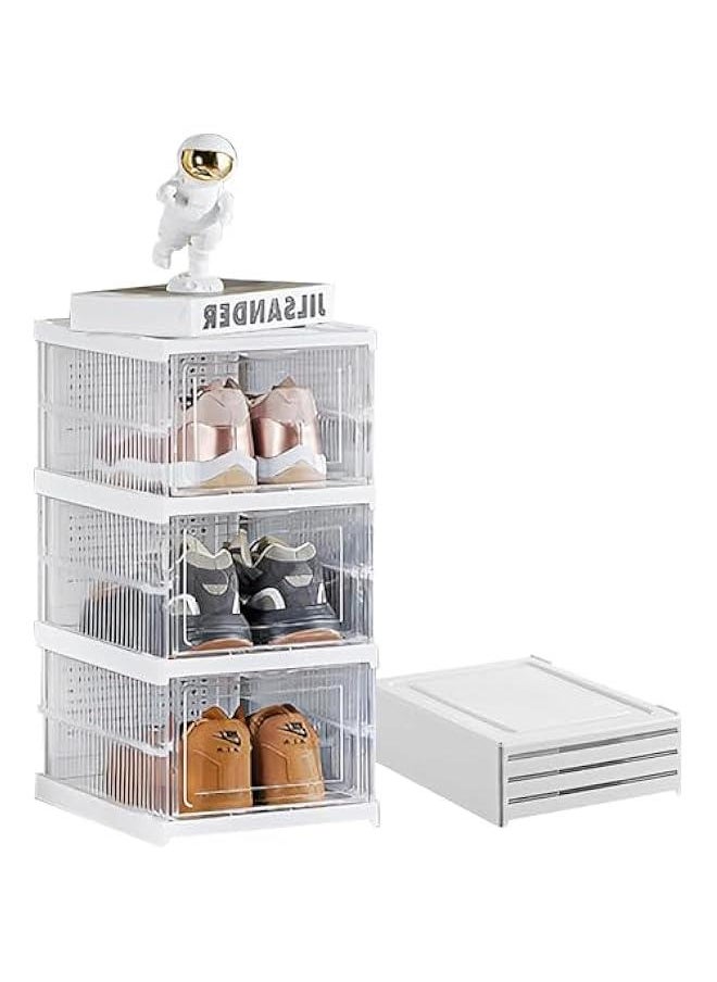 HOOKOR Foldable Shoe Rack Collapsible Storage Box, Free Standing Bins Stackable Plastic Tote with Lids Organizing Installation Free Clear Dustproof 3 Layers (92-01)  - Image 1