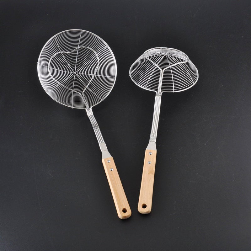 Stainless Steel Deep Frying Skimmer Set with Wooden Handle, Heavy Duty Oil Strainer Spoon Ladle Rust Proof Kitchen Tool 40cm 42cm 45cm Professional Cooking Utensil - Image 2