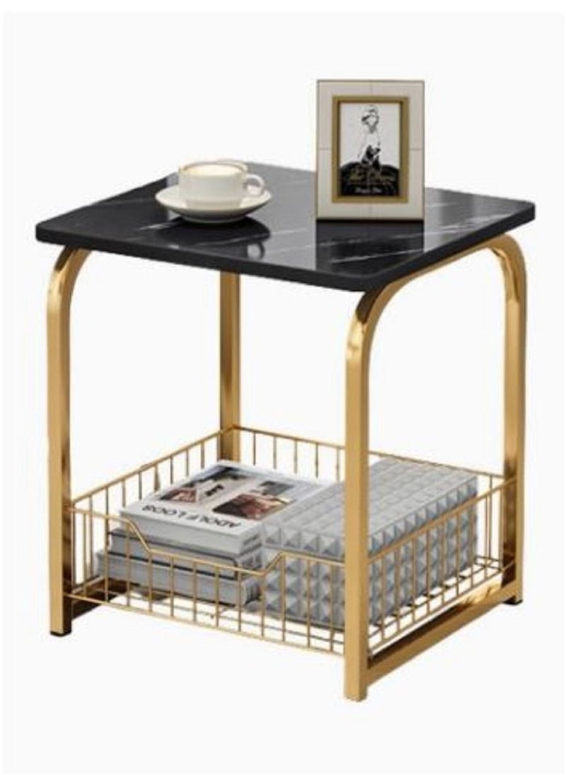 Modern End Table With Storage Basket Sofa Side Table With Marble Design For Living Room