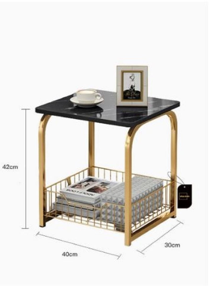 Modern End Table With Storage Basket Sofa Side Table With Marble Design For Living Room