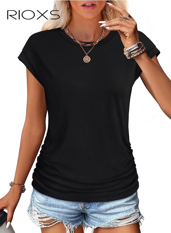 RIOXS Womens T Shirts, Trendy Ruched Cap Short Sleeve T-shirts, Crew Neck T Shirts For Women, Essential Style Solid T-shirts, Ladies Summer Tops, Fashion Streetwear Tee, Basic T-shirt For Women - Image 3
