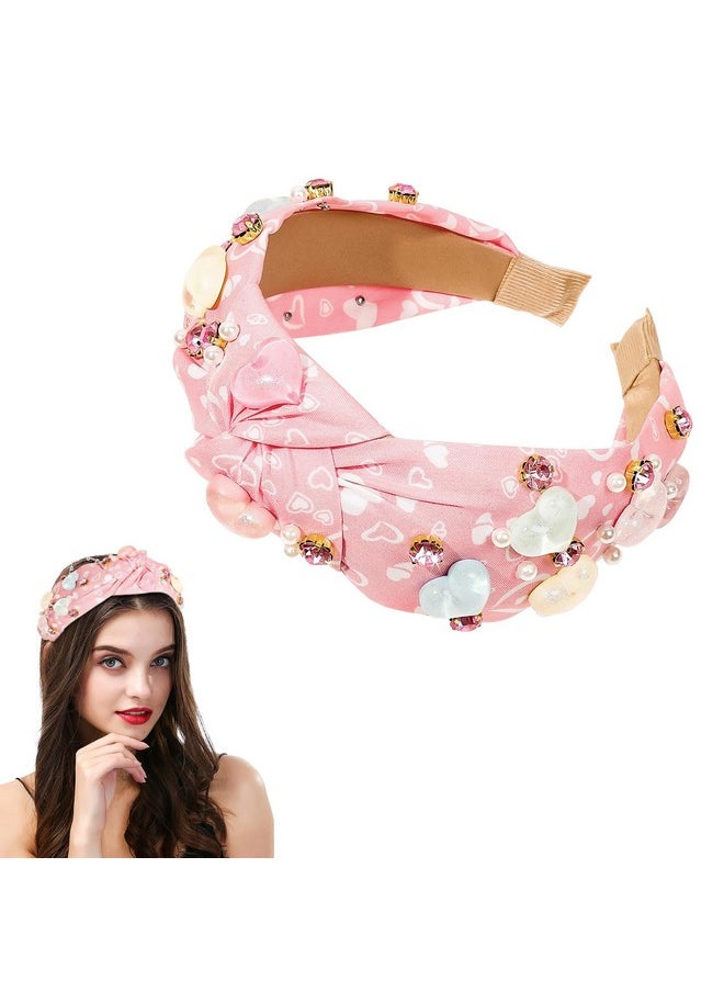 AEGYPIUS Pink Rhinestone Headband For Valentines Day Heart Hair Band Wide Twist Hairband Valentines Day Rhinestone Hair Accessories Pink Love Heart Headband Fashionable Crystal Jeweled Hairband  - Image 1