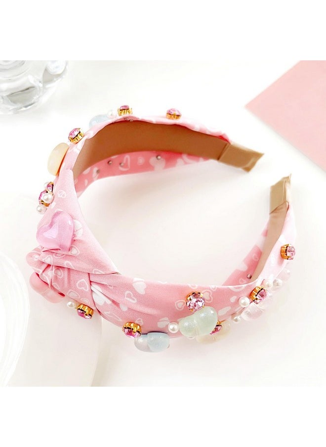 AEGYPIUS Pink Rhinestone Headband For Valentines Day Heart Hair Band Wide Twist Hairband Valentines Day Rhinestone Hair Accessories Pink Love Heart Headband Fashionable Crystal Jeweled Hairband  - Image 3