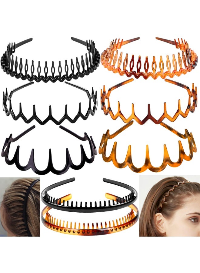 8 PCS Fashion Effortless Plastic Headbands with Teeth Comb Black Skinny Headbands No Slip Hair Accessories Bands for Women Men Teen Girls, Leopard&Bright Black - Image 1