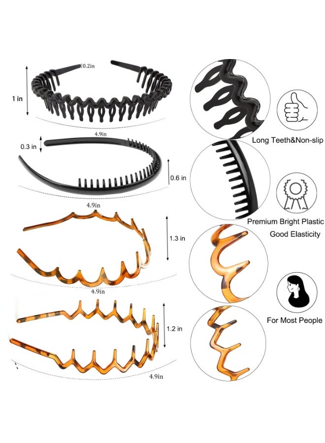 8 PCS Fashion Effortless Plastic Headbands with Teeth Comb Black Skinny Headbands No Slip Hair Accessories Bands for Women Men Teen Girls, Leopard&Bright Black - Image 2