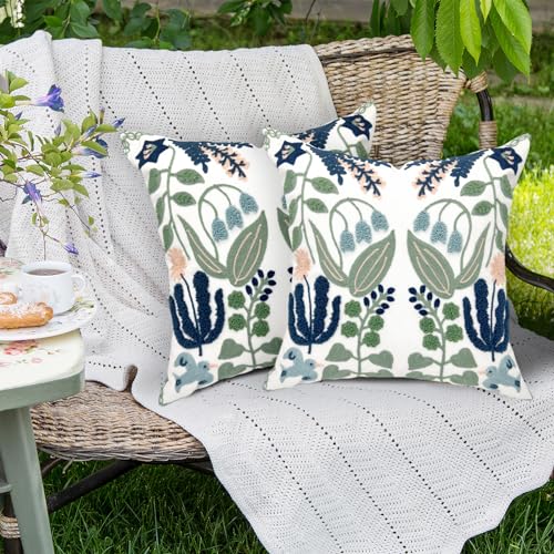 Alysheer Summer Floral Embroidered Decorative Throw Pillow Covers 18"x 18" Set of 2, Farmhouse Navy Blue Flowers Green Leaves Tufted Patterned Cotton Cushion Cases for Couch Bed Living Room Decor - Image 3