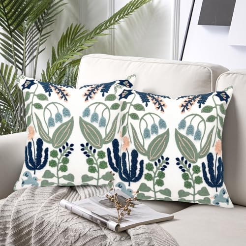 Alysheer Summer Floral Embroidered Decorative Throw Pillow Covers 18"x 18" Set of 2, Farmhouse Navy Blue Flowers Green Leaves Tufted Patterned Cotton Cushion Cases for Couch Bed Living Room Decor - Image 2