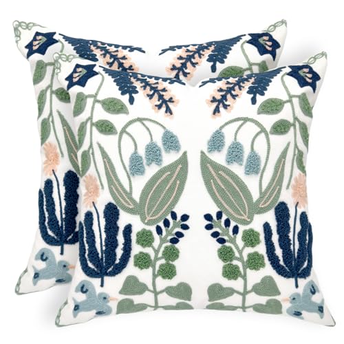 Alysheer Summer Floral Embroidered Decorative Throw Pillow Covers 18"x 18" Set of 2, Farmhouse Navy Blue Flowers Green Leaves Tufted Patterned Cotton Cushion Cases for Couch Bed Living Room Decor - Image 1