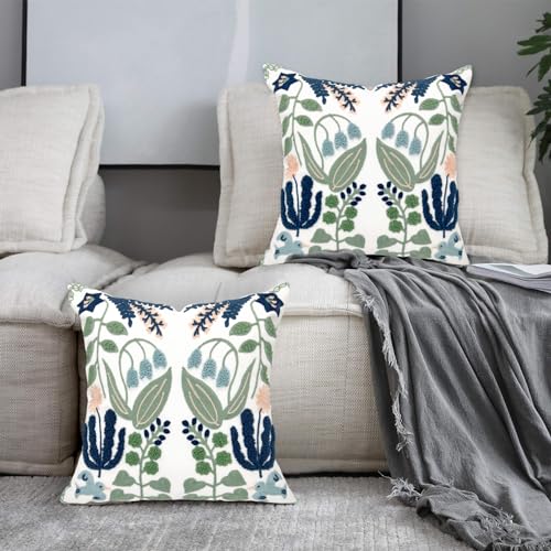 Alysheer Summer Floral Embroidered Decorative Throw Pillow Covers 18"x 18" Set of 2, Farmhouse Navy Blue Flowers Green Leaves Tufted Patterned Cotton Cushion Cases for Couch Bed Living Room Decor - Image 5