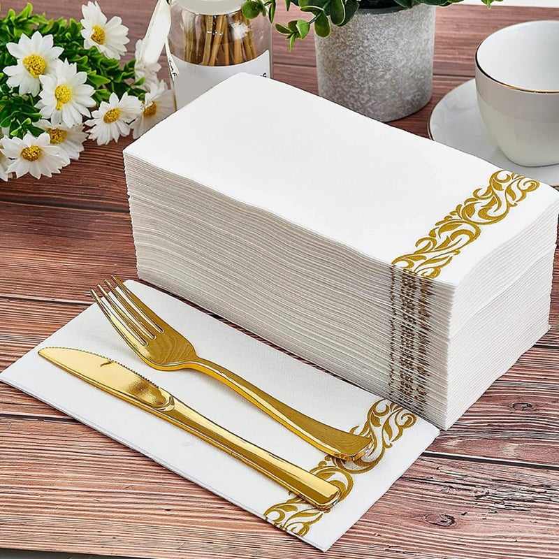 مناديل مائدة قابلة للاستعمال لمرة واحدة مطبوعة بالذهب 100 قطعة 40x30 سم مناديل ورقية سميكة لحفلات الزفاف والعشاء والفعاليات - Image 5