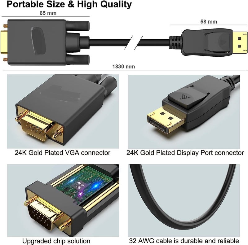 DisplayPort to VGA Adapter Smile, DP DisplayPort to VGA 6 Feet Cable - Image 3