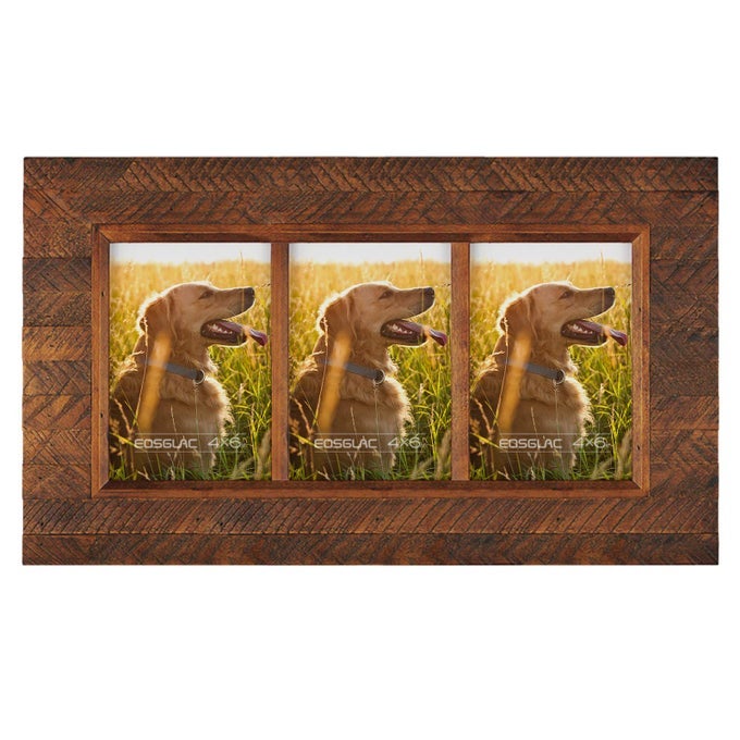 COLLAGE PICTURE FRAME 4X6 3 OPENINGS WOOD PLANK DESIGN WITH RUSTIC BROWN FINISH WALL MOUNTING DISPLAY HANDMADE WOODEN PHOTO FRAME