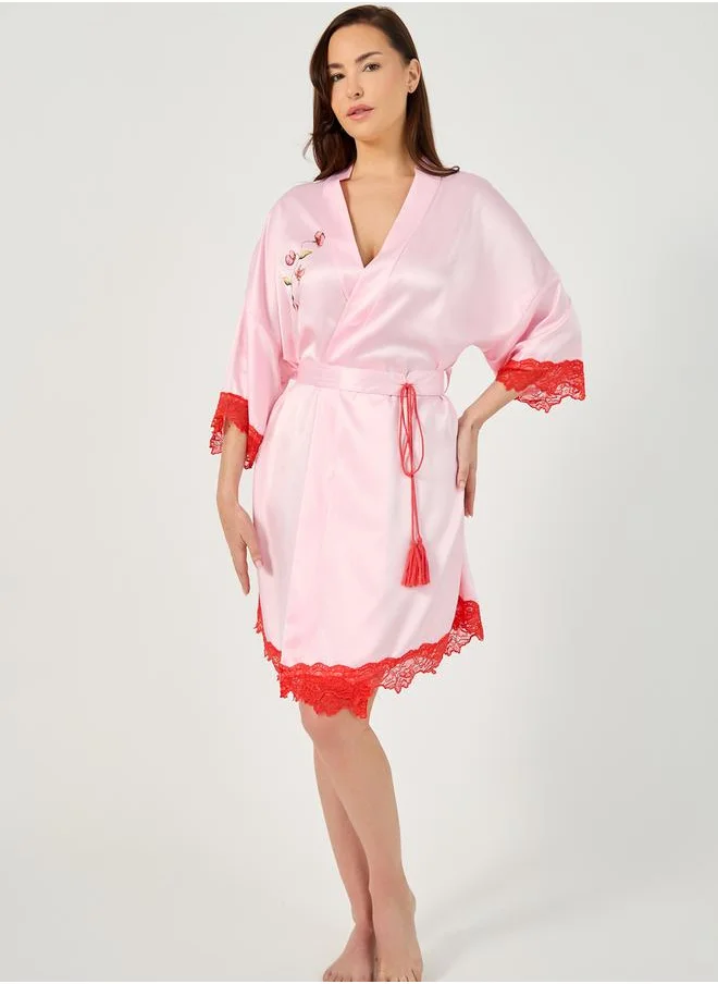 Styli Floral Placement Contrast Lace Tie-Up Robe