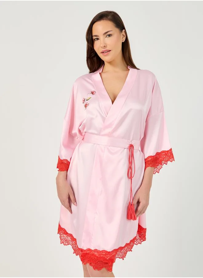 Styli Floral Placement Contrast Lace Tie-Up Robe