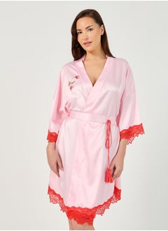 Styli Floral Placement Contrast Lace Tie-Up Robe  - Image 1
