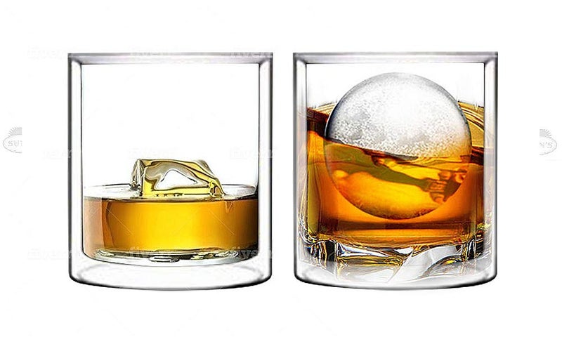Suns Tea Double Wall WhiskeyScotch Rocks Glass Set 55oz  Old Fashioned Drinking  Cocktail Glasses  Clear Insulated Tumbler  Set of 2
