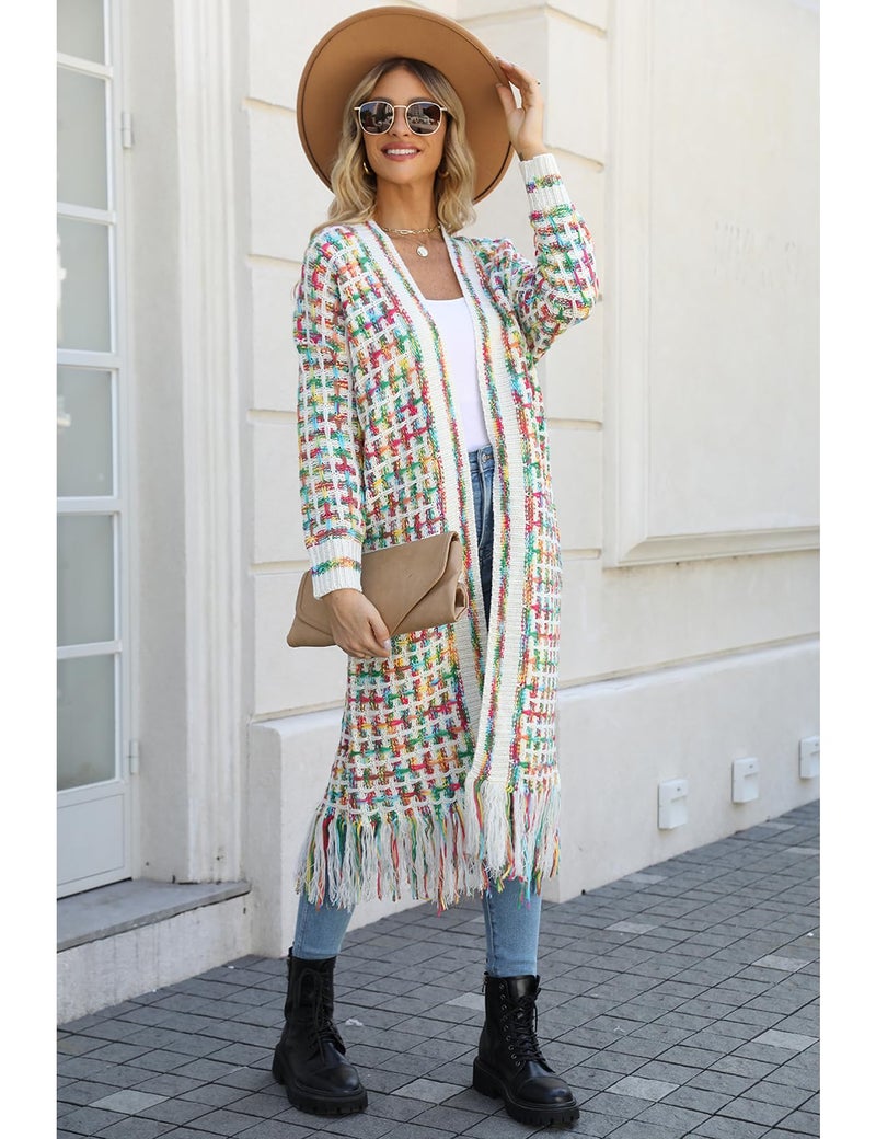 Perbai Womens Boho Cardigan Sweater Open Front Fringed Tassels Aztec Maxi Cardigan Jacket(Green-M) - Image 3