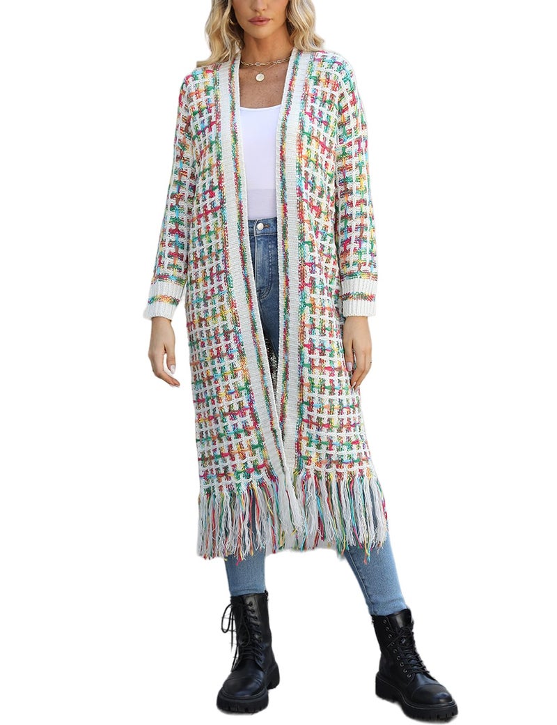 Perbai Womens Boho Cardigan Sweater Open Front Fringed Tassels Aztec Maxi Cardigan Jacket(Green-M) - Image 1