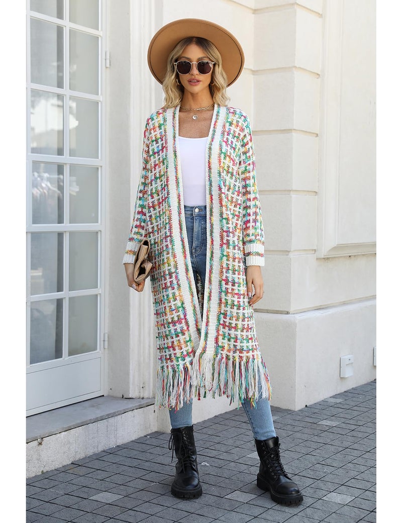 Perbai Womens Boho Cardigan Sweater Open Front Fringed Tassels Aztec Maxi Cardigan Jacket(Green-M) - Image 4