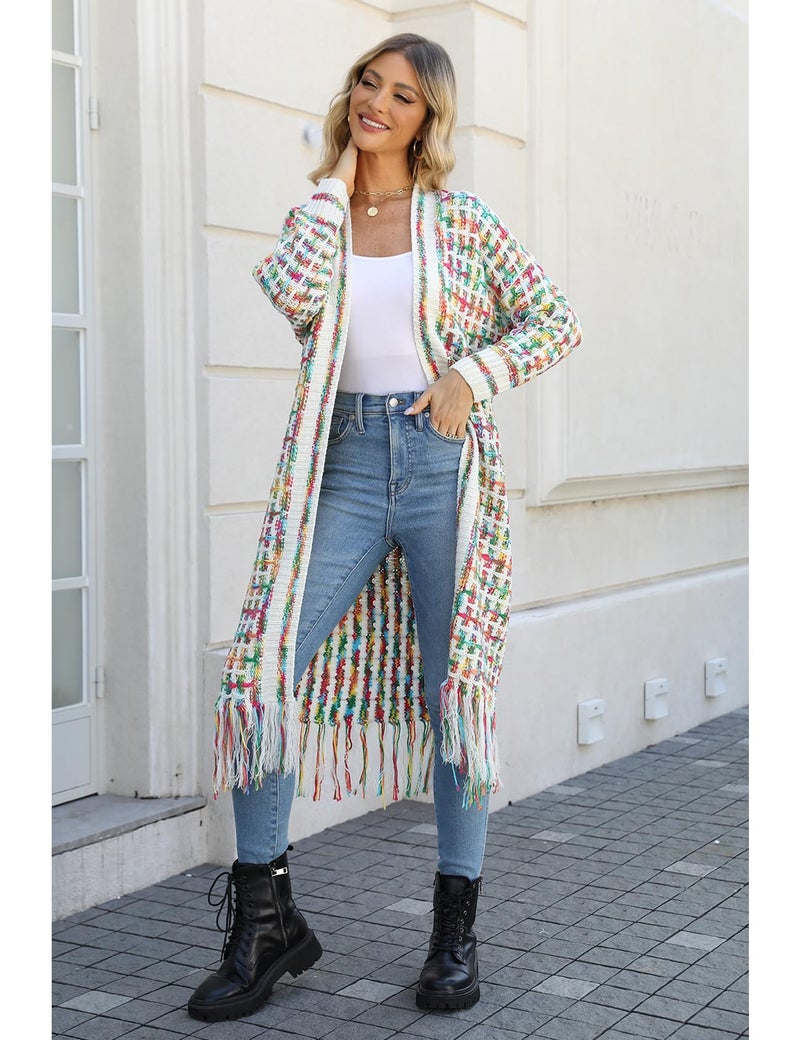 Perbai Womens Boho Cardigan Sweater Open Front Fringed Tassels Aztec Maxi Cardigan Jacket(Green-M) - Image 5