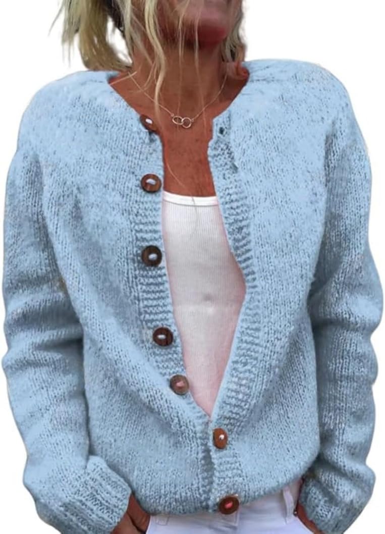 Women's Casual Fall Winter Open Front Long Sleeve Button Knit Cardigan Sweater Loose Outerwear Coats (Blue,XL)