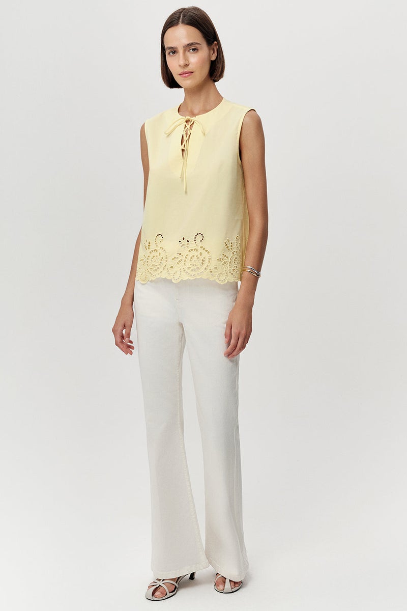 EXQUISE Sleeveless, Lace-Up Collar, Embroidered, Regular Yellow Blouse - Image 3