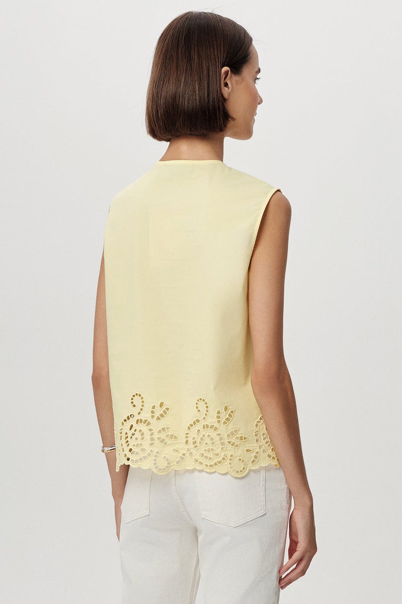 EXQUISE Sleeveless, Lace-Up Collar, Embroidered, Regular Yellow Blouse - Image 4