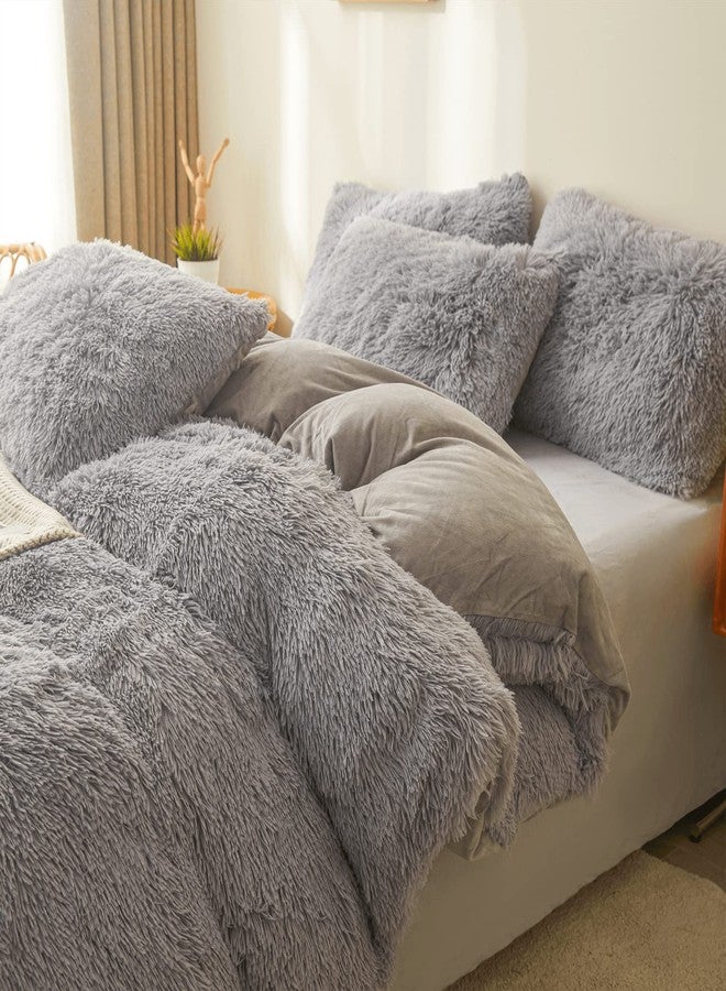 FOPPA Plush Comforter Cover Set Queen - Ultra Soft Fuzzy Gray Bedding 3 Pieces (Faux Fur Duvet Cover + 2 Shaggy Pillow Cases) Fluffy Bed Set - Image 4