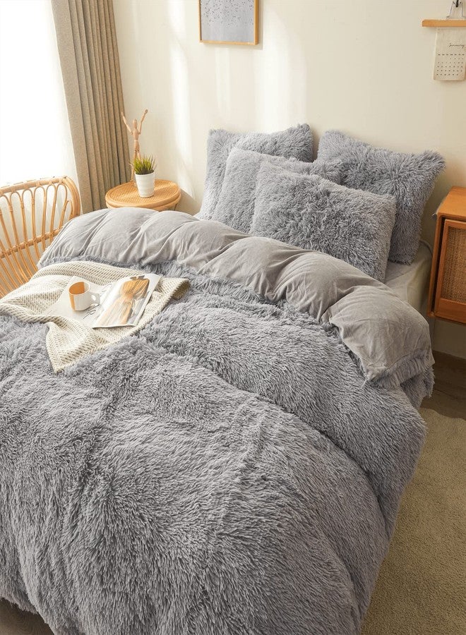 FOPPA Plush Comforter Cover Set Queen - Ultra Soft Fuzzy Gray Bedding 3 Pieces (Faux Fur Duvet Cover + 2 Shaggy Pillow Cases) Fluffy Bed Set - Image 3