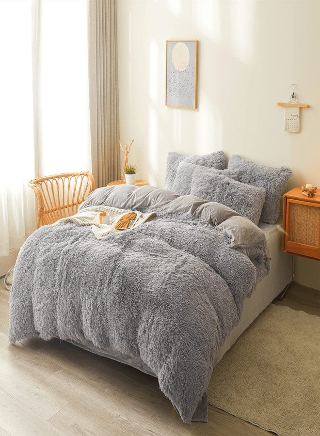 FOPPA Plush Comforter Cover Set Queen - Ultra Soft Fuzzy Gray Bedding 3 Pieces (Faux Fur Duvet Cover + 2 Shaggy Pillow Cases) Fluffy Bed Set - Image 2