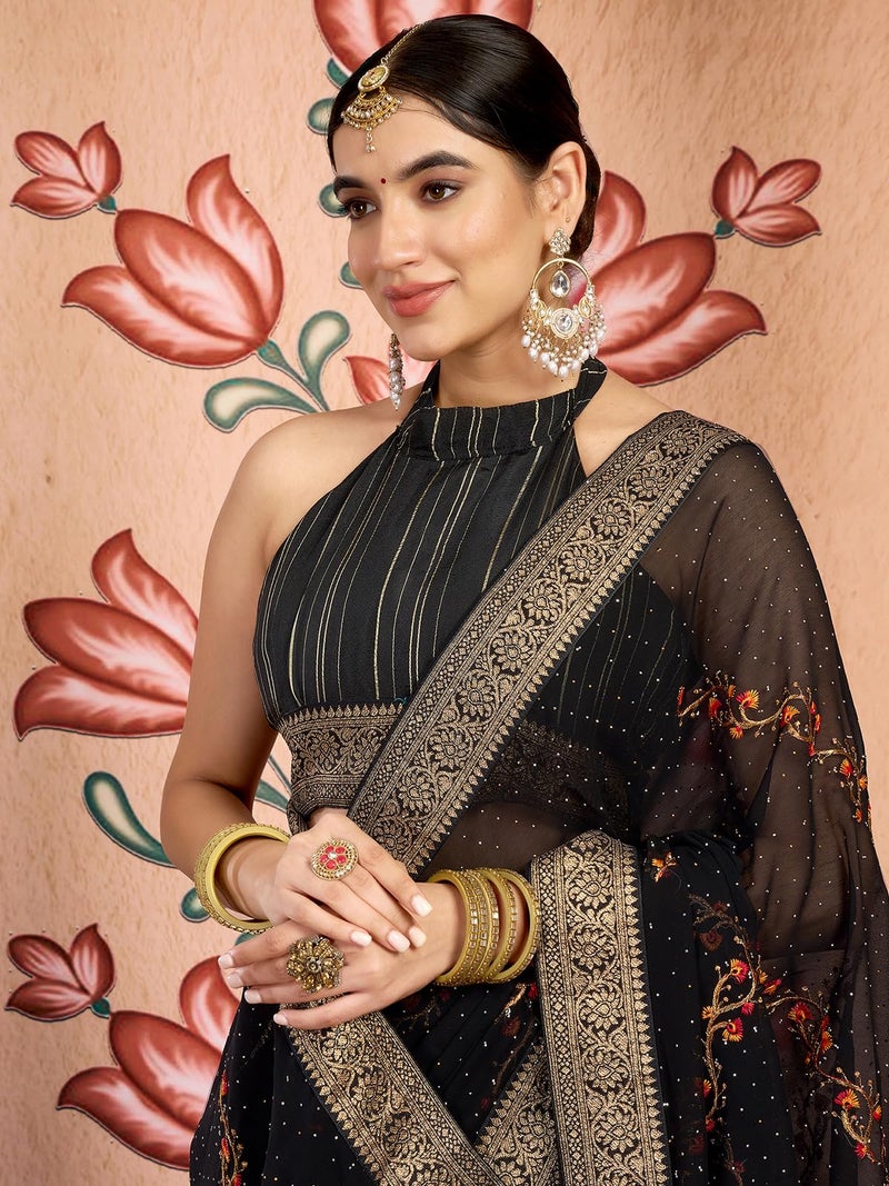 Satrani Women's Georgette Embroidery & Stone Work Saree with Unstitched Blouse Piece (4065S2829N_Black) - Image 4