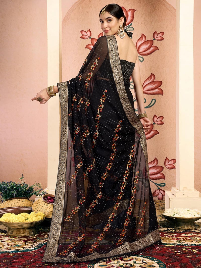 Satrani Women's Georgette Embroidery & Stone Work Saree with Unstitched Blouse Piece (4065S2829N_Black) - Image 3