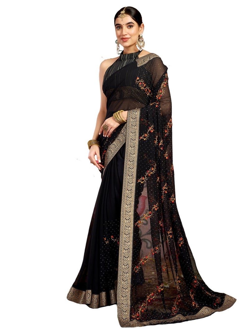 Satrani Women's Georgette Embroidery & Stone Work Saree with Unstitched Blouse Piece (4065S2829N_Black) - Image 1