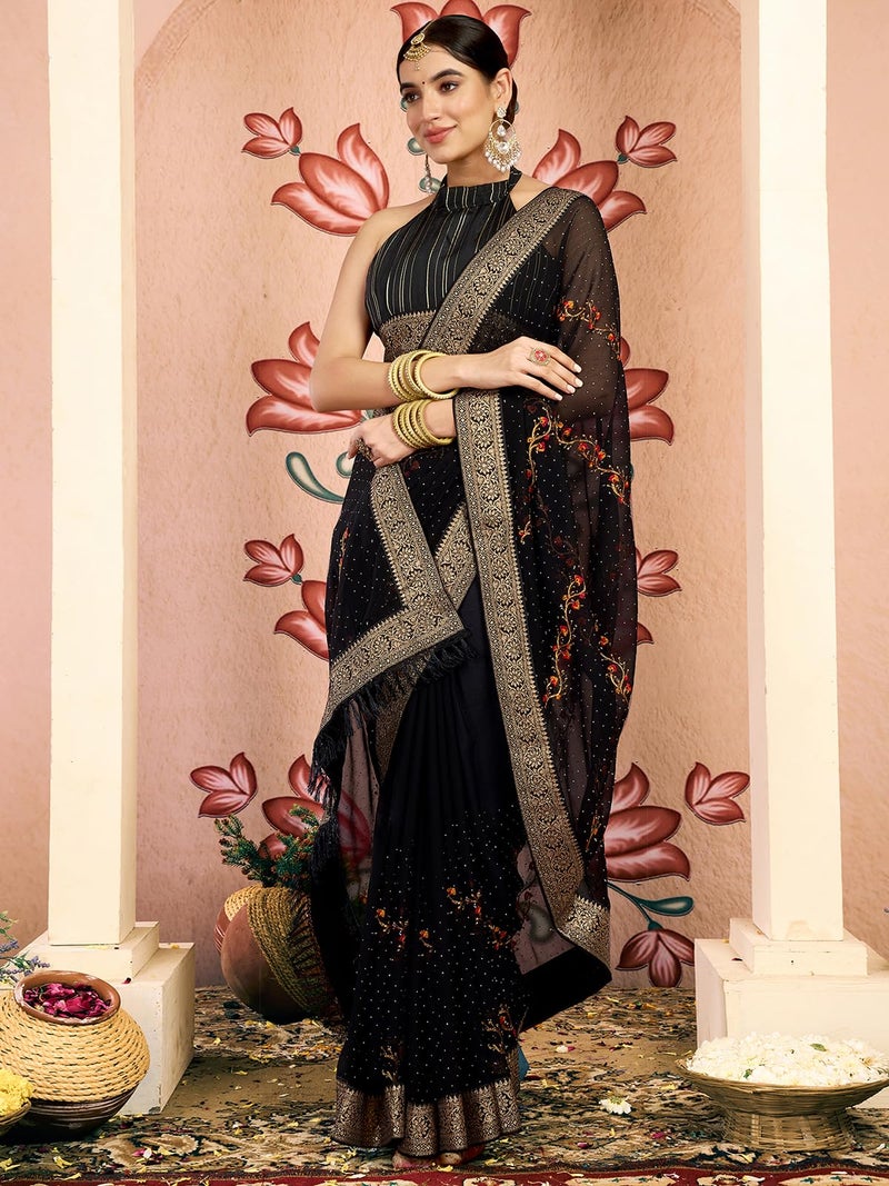 Satrani Women's Georgette Embroidery & Stone Work Saree with Unstitched Blouse Piece (4065S2829N_Black) - Image 2